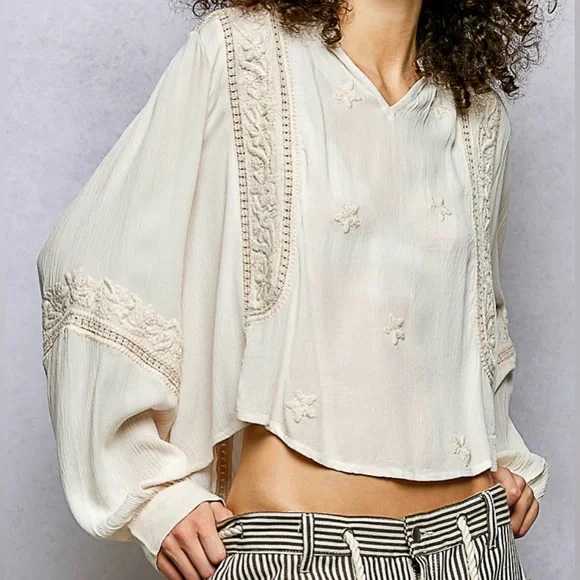 NWT POL Boho Festival Balloon Sleeve Crinkle Woven Peasant Blouse Top Shirt - Picture 9 of 11